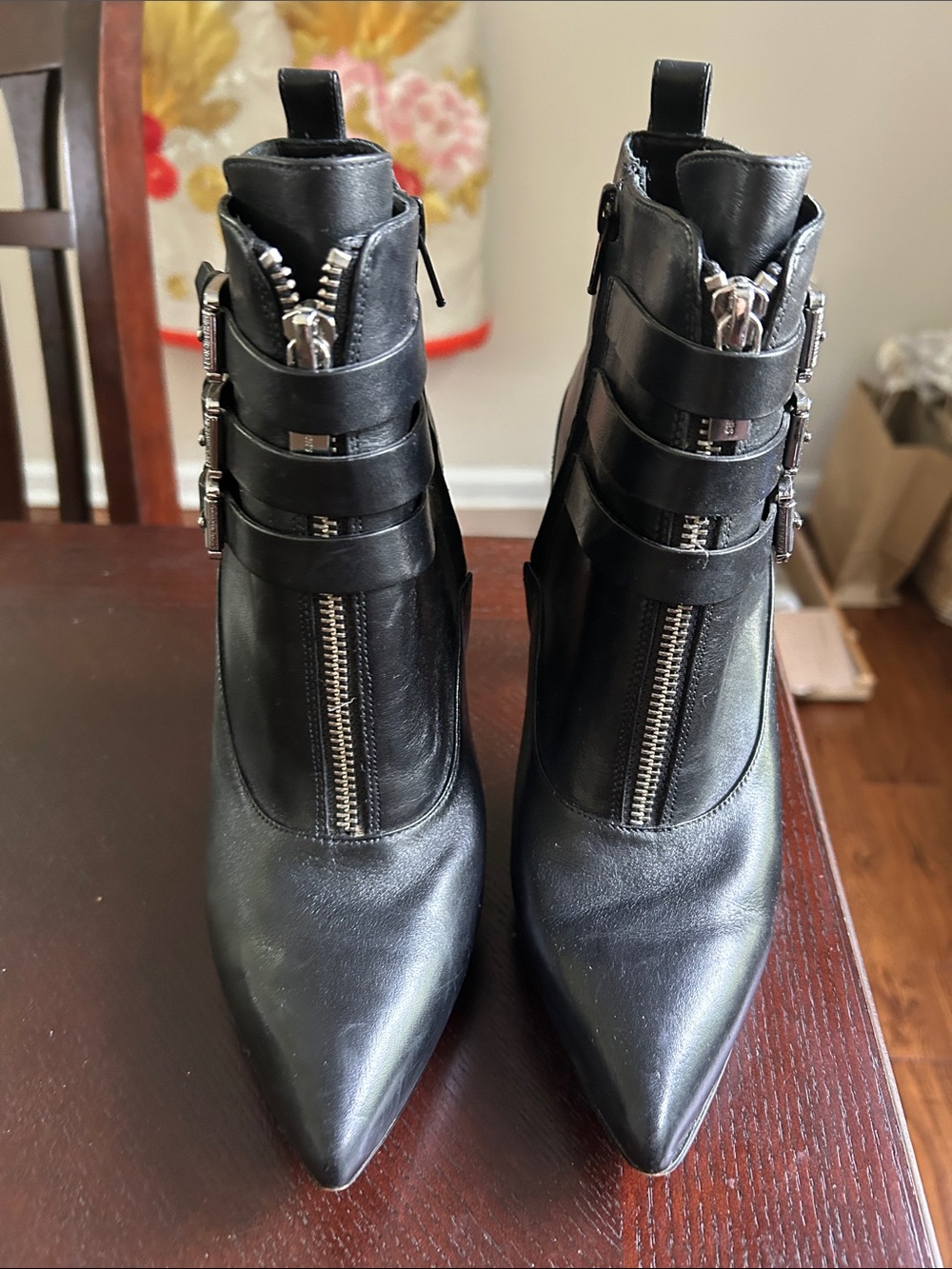 Michael Kors Black Leather Pointed Ankle Booties with Silver Zippers